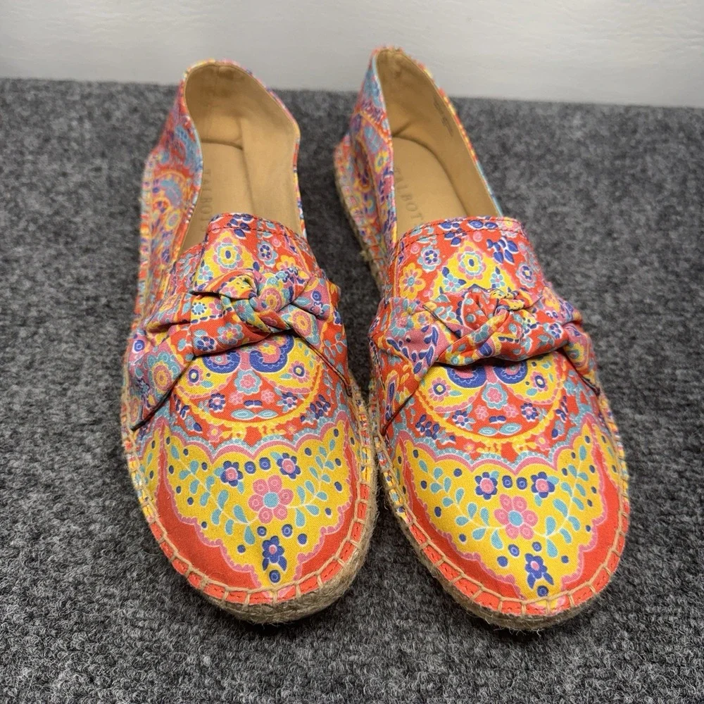 Talbots Espadrille Flats Womens 9M Orange Paisley Floral Bow Slip On Boho Summer
